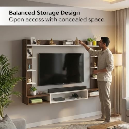 Image of BLUEWUD Orelia Wall Mount TV Unit, TV Stand /TV Entertainment Unit, TV Cabinet | TV Panel with Shelves for Soundbar & Decor Display Unit Bedroom Living Room Upto 60 Inches - DIY (Brown Maple & White)