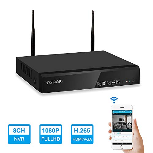 Yeskamo Enregistreur vidéo sans fil 1080p 8 canaux avec fonction répéteur H.265 prise en charge maximale 8 caméras IP 2.0 mégapixel sortie HDMI VGA sans disque dur