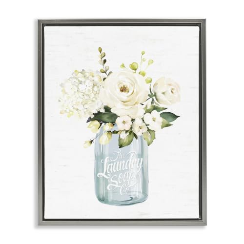 'White Floral Bouquet Vintage Laundry Text Jar'| Floating Frame Canvas Art