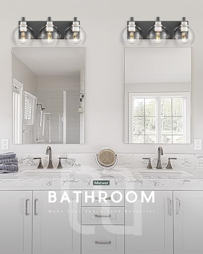 Image of Bathroom Light Fixtures, 3-Light Black and Brushed Nickel Bathroom Vanity Light, Modern Wall Sconces with Globe Clear Glass Shade, Vanity Lighting Fixtures Over Mirror, VL195-KN-3
