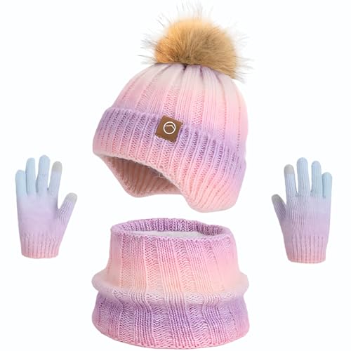 Image of Kids Winter Earmuffs Hat Scarf Touchscreen Gloves Set，Fleece Lined Beanie Neck Warmer for Boys Girls 4-10Y