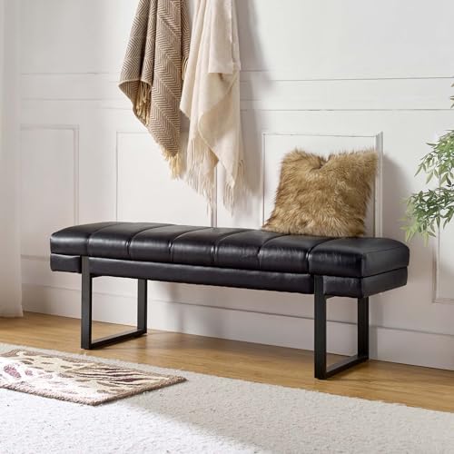 HULALA HOME 53" Faux Leather Entryway Bench, Button Tufted End of Bed Bench Ottoman for Bedroom, Living Room with Metal Base,Black