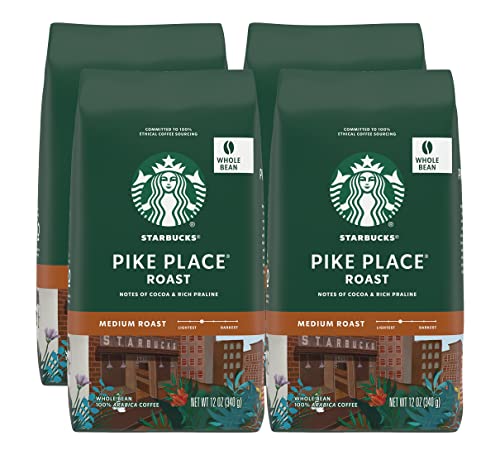 Starbucks Whole Bean Coffee, Pike Place Roast, Medium Roast Coffee, Whole Bean 100% Arabica Coffee, Notes of Cocoa & Rich Praline, 12-Ounce Bag (Pack of 4)