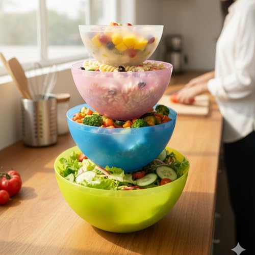 Image of Gluman 4-Piece Mixing Bowl Set | Transparent Multi-Color Plastic Kitchen Bowls for Baking, Cooking, Meal Prep & Serving |Lightweight,Dishwasher Safe |Stackable Bowls (3200ml, 2000ml, 1350ml, 850ml)
