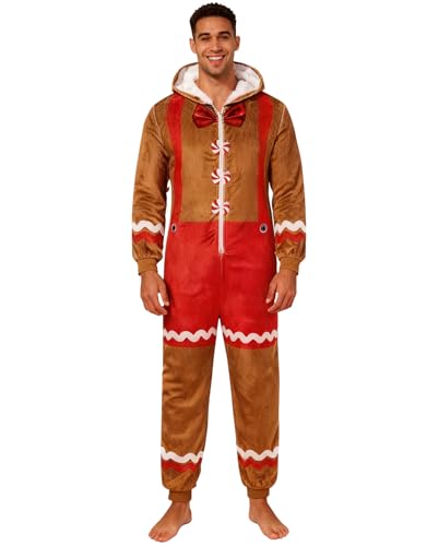 Christmas Onesie Pajamas for Men Adult One Piece Hooded Flannel Zipper Pjs with Pockets