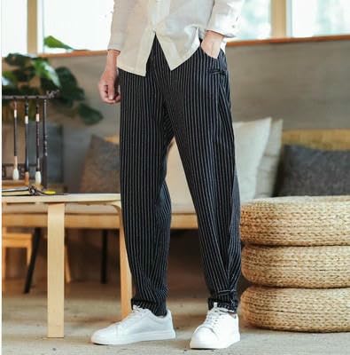 USTZFTBCL Men's Spring Chinese Style Striped Frog Buttons Loose Jogger Casual Long Pants3