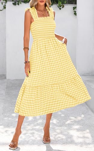 Image of PRETTYGARDEN Women's Summer Dress Casual Ruffle Strap Gingham Midi Sundress