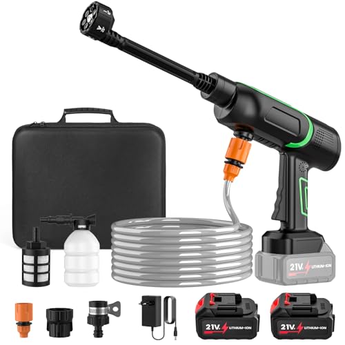 Mioanser Idropulitrice a Batteria, 50 Bar, Portatile, 2 x 3.0Ah Batterie, Ugello 6 in 1, Regolazione Pressione 3 Stadi, Adatta per Auto e Giardino