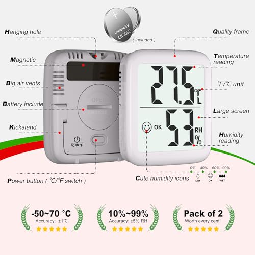 Antonki 2 Pack Room Thermometer for Home Indoor Hygrometer Humidity Meter Gauge Digital Temperature and Humidity Sensor Monitor for House Terrarium Incubator Greenhouse - Battery Included