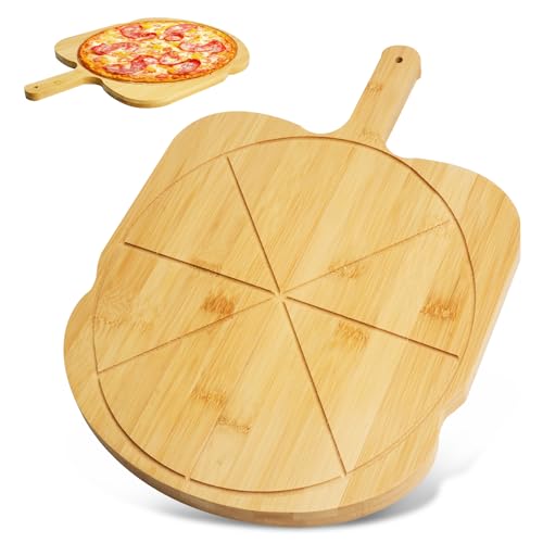 HMIEPRS Bamboo Pizza Peel, Wooden Chopping Boards Pizza Paddle Serving Board, Wood Pizza Board with Handle, Nonstick Pizza Cutting Board for Bread Fruits Vegetables Camping (12 Inch)