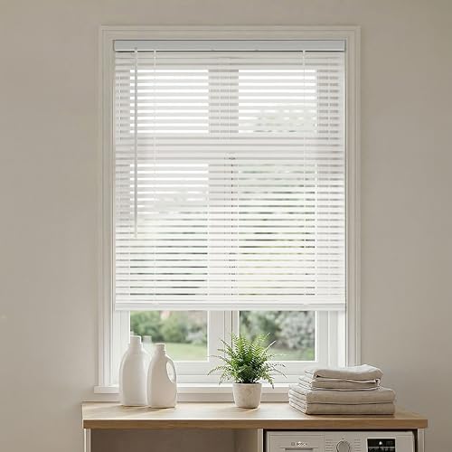 DEZ FURNISHINGS Premium Cordless 1" Room Darkening Vinyl Mini Blinds, 18" W x 64" H, White