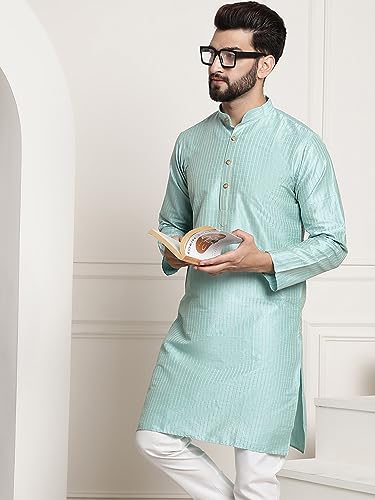 Image of SOJANYA Men's Pintuck Silk Blend Embroidered Kurta