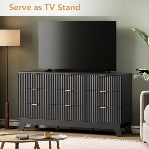 Image of Wodeer 9 Drawer Fluted Dresser for Bedroom, Mid Century Modern Dresser with 9 Drawers, Dressers & Chests of Drawers with Metal Handle, TV Stand & Storage Organizer for Entryway, Hallway, Black