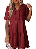 Fabric: This womens dresses item is made of 65% Polyester, 30% Viscose, and 5% Elastane, creating a soft, breathable, and stretchable fabric perfect for warmer seasons. Design: The mini dress features a V-neck, short sleeves, ruffled edges, and a sol...