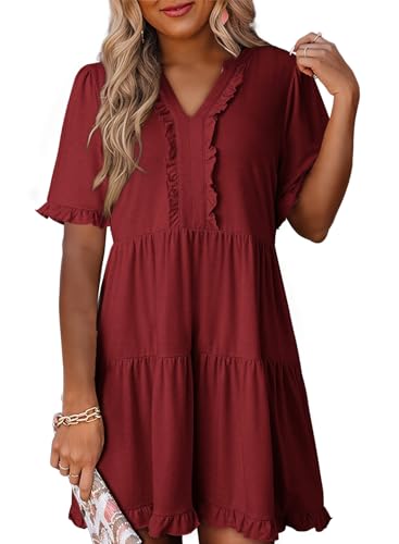 Image of Dokotoo Womens Summer Dresses 2026 V Neck A Line Short Sleeve Casual Ruffle Babydoll Mini Dress