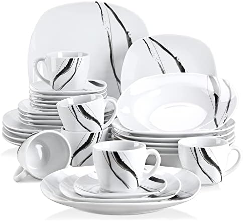 VEWEET 'Fiona' 30-Piece Dinner Set Ivory White Black Lines Porcelain China Ceramic Combination Sets with Dessert Plates/Soup Plates/Dinner Plates/Cups/Saucers, Service for 6