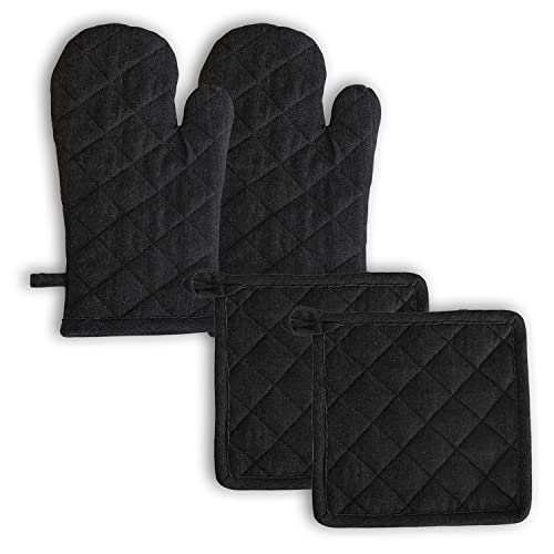Image of 2 Oven Mitts and 2 Pot Holders Set-Cotton Heat Resistant Pot Stand and Kitchen Gloves-Heat Proof-Free Size-Combo Set (Black)