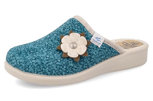 Fly Flot Ciabatta Donna Invernale In Tessuto con Applicazione Floreale, Sandalias deslizantes Mujer, Avio, 36 EU