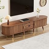 BTM TV-Schrank mit Schiebetüren Lowboard Stehend TV-Ständer mit Schubladen Fernsehschrank für Wohnzimmer, Walnussfarbe