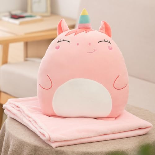 SMIUPIN Cuscino e coperta da divano con animali di flanella, 2 in 1 coperta da viaggio portatile e set di cuscini per il campeggio e l'ufficio (Unicorno)