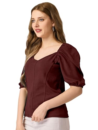 Image of Mehrang Women's Solid Ribbed Crop Tank Top Ribbed Tops for Women V-Neck 3 /4th Balloon Sleeves