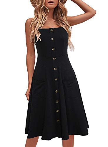 Berydress Women's Casual Beach Summer Dresses Solid Cotton Flattering A-Line Spaghetti Strap Button Down Midi Sundress (L, 6106-Black)