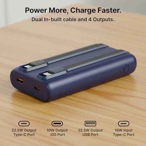 Image of pTron 20000mAh Powerbank w / 22.5W Fast Charging, USB & Type C Output, Built-in Cables, Compatible w /Power Delivery, Quick Charge for iPhone, Android Mobile & Tablets, Dynamo Storm (Indigo Blue)