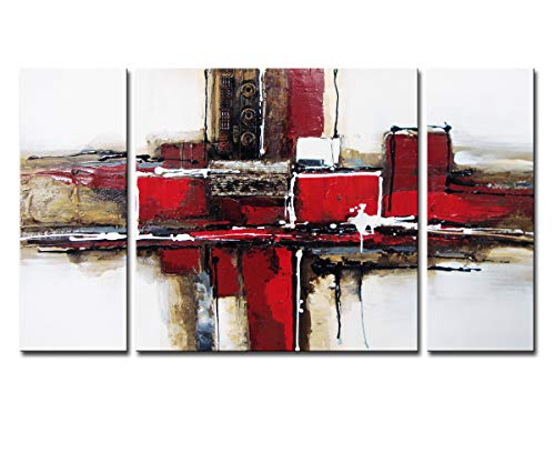Noah Art-Red Abstract Wall Art for Living Room Wall Decor, 100% Handmade Paintings on Canvas, 3 Piece Stretched and Framed Modern Pictures for Rooms Office Home Decor, 24