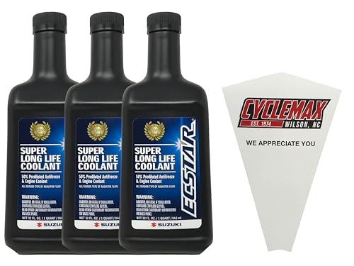 CYCLEMAX Three Pack Compatible with Suzuki Ecstar Super Long Life Coolant 990A0-02E00-01Q Contains Three Quarts and a Funnel