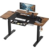 SHW 62-Inch Electric Height Adjustable Standing Desk with Monitor Riser and Drawer, Walnut