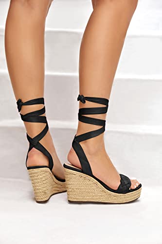 Syktkmx Womens Braided Wedge Espadrille Sandals Lace Up Slingback Open Toe Summer Platform Heeled Shoes #TOP3