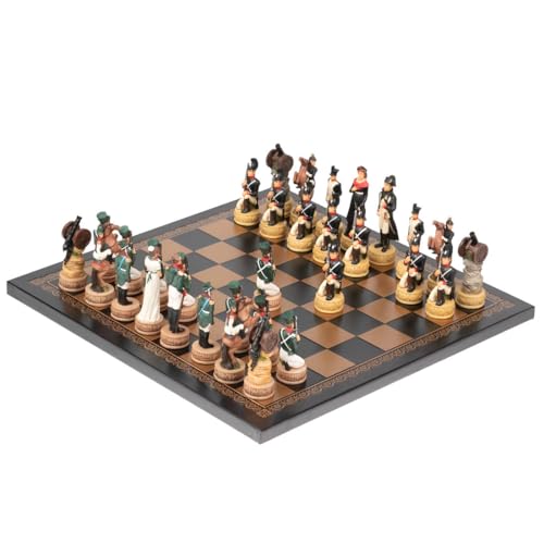 Napoléon en Russie échiquier cuir et jeu d'échecs historique peint à la main
