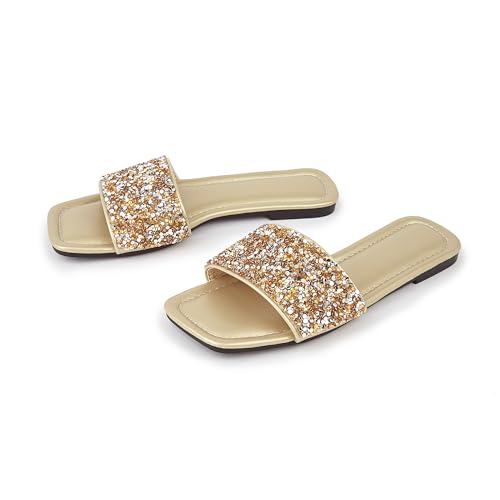 Image of Women's Open Toe Flat Sandals Rhinestone Glitter On Casual Fashion Slippers Quick Drying Indoor & Outdoor Slides