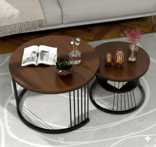 Image of Roldo Modern Nesting Coffee Table Set of 2 for Living Room, Round Coffee & Side Table with Metal Frame and Marble Finish MDF Top, Center Table for Sofa, Home Decor Office & Apartment (Black Walnut)