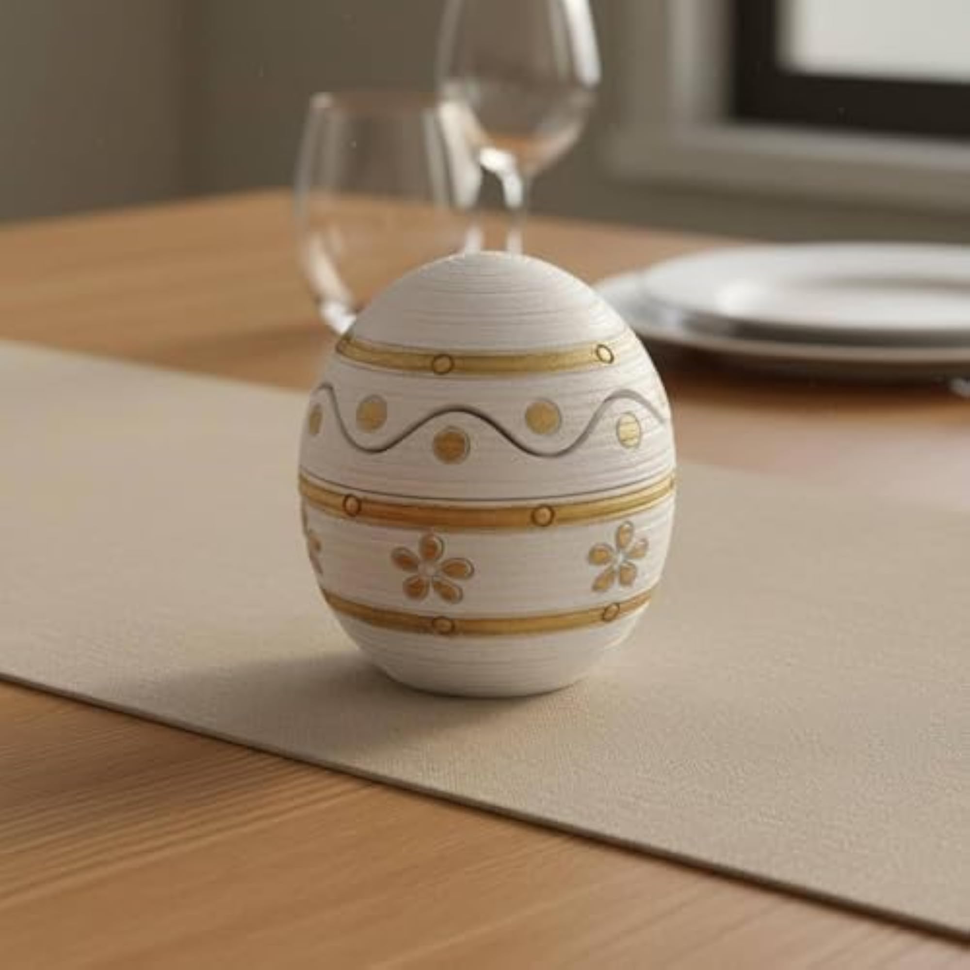 Hand-Painted Egg Shaped Tealight Holder, Patterned Gold Accents