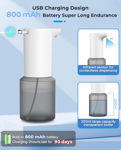 Image of Automatic Soap Dispenser, 350ml Sensor handwash Dispenser Bottle, Touchless Rechargeable Foaming Handwash Dispenser for Kitchen, Bathroom, Office