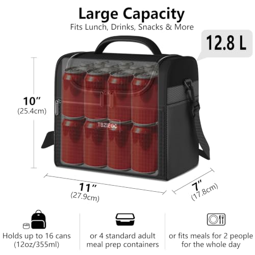 Tbzieoc Large Insulated Lunch Bag for Women & Men, 12.8L Reusable Lunch Cooler Tote with Ice Pack, Adult Lunch Box with Side Mesh Pocket, Portable Lunch Bag for Work, Office, Travel & Picnic, Black — view 3