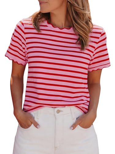 Womens Striped Shirt Cute Summer Cotton Tops Short Sleeve Tee Shirts