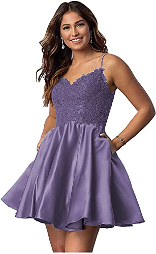 AKHOKA Women s Beaded Short Homecoming Dresses Satin Lace Appliques Bridesmaid Party Dress Mini for Juniors Dusty Purple US6