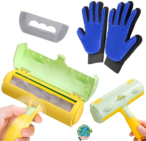 Anlolive Brosse Anti Poils pour Animaux de Compagnie (3) Rouleau pour enlever Les Poils, Gants deshedding et Brosse – pour Chiens et Chats, sans Colle ni Piles, Alternative écologique et réutilisable
