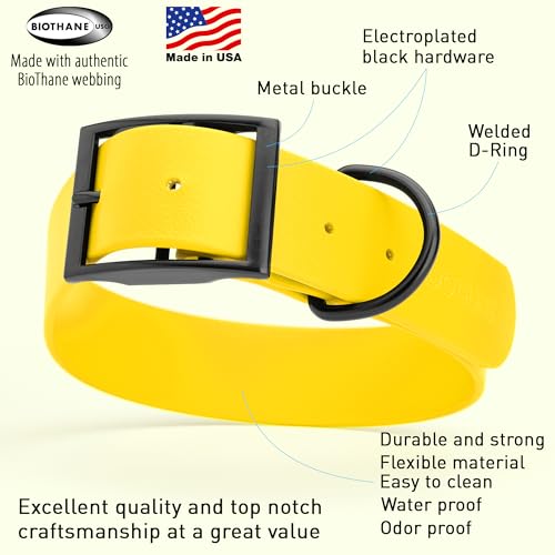 Image of Dogline Biothane Waterproof Dog Collar Strong Coated Nylon Webbing with Black Hardware Odor- Proof for Easy Care Easy to Clean High Performance Fits Small Medium or Large Dogs, Lemon Yellow