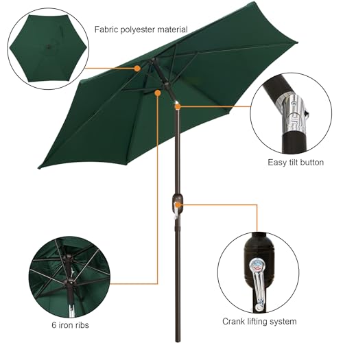 Image of Blissun 7.5 ft Patio Umbrella, Yard Umbrella, Outdoor Market Umbrella with Push Button Tilt Crank, Dark Green