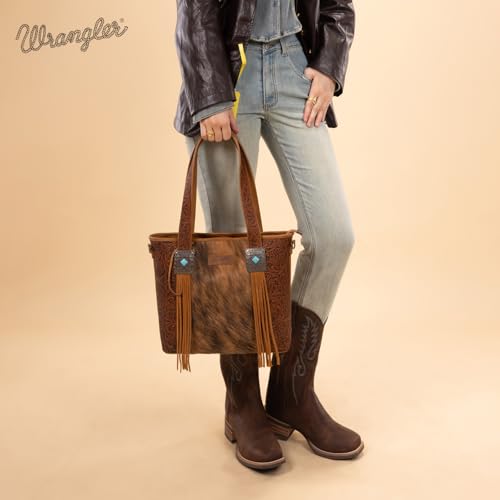 Image of Montana West Wrangler Cowhide Tote Bag for Women Western Tooling Handbag Leather Fringing with Turquoise Stone Concho