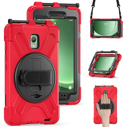 YGoal Case For Galaxy Tab Active 3 / Active 5 8, Hand Strap/Shoulder Strap Heavy Duty Full-Body Rugged Protective Drop Proof Case for Samsung Galaxy Tab Active 3 T570/T575 8 Inch, Red