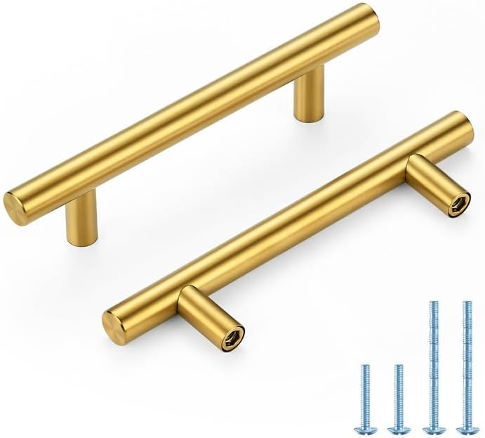 Brushed Brass Cabinet Handles 3-3/4 Inch Hole Spacing Stainless Steel Drawer Pulls for Cabinets, Dresser, Bathroom 30 Pack