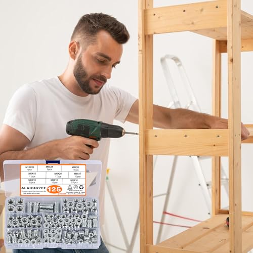 125 Stk Einschraubmuttern M5 M6 M8 M10 Einschraubmuffen, Gewindeeinsatz Holz, Gewindeeinsätze Gewindebuchsen, Innensechskant Schraube Muttern Rampmuffe Kohlenstoffstahl für Holzmöbel