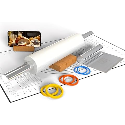 Mepple Marble Rolling Pin with Pastry Baking Mat and Stainless Steel Dough Cutter, 18.5” Marble Rolling Pin for Baking Cookie Crust Crisp Pizza with 3 Multi-Color Thickness Rings and Wood Stand Cover