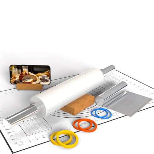Marble Rolling Pin with 3 Thickness Rings & Wood Stand
