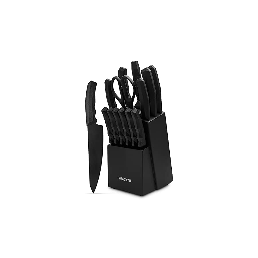 15 Piece Kitchen Knife Set with Block, Full-Tang High-Carbon Stainless-Steel Blades, Heavy Duty Handles, Black Knife Set with Block, Knife Block Set, Modern Kitchen Essentials Chef Knife Set DFACKTO