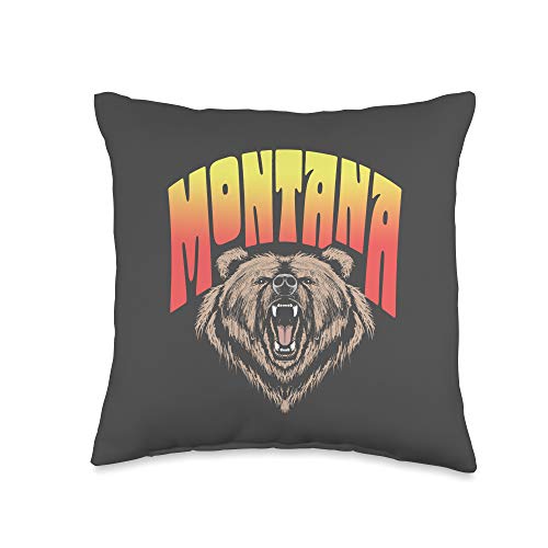 Montana Roaring Grizzly Bear Face Illustration Vintage Retro Throw Pillow